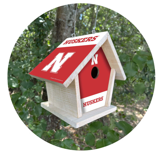 Fan Creations NCAA University of Nebraska-Themed Birdhouse – White Mahogany with Bright UV Printed Team Colors