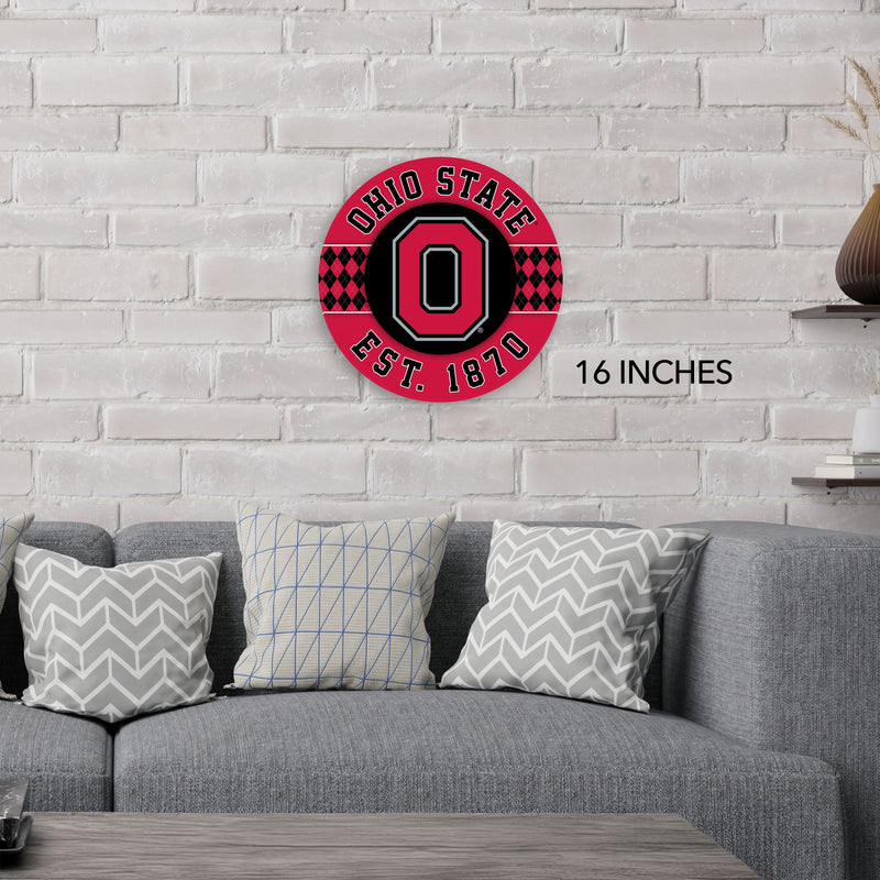 Load image into Gallery viewer, Fan Creations NCAA Ohio State University Argyle 16inc Circle Wall Art
