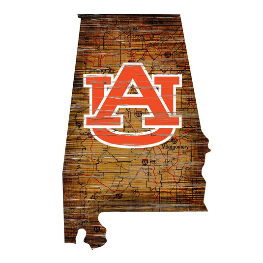 Fan Creations 24" Sign Auburn Distressed State With Logo Sign