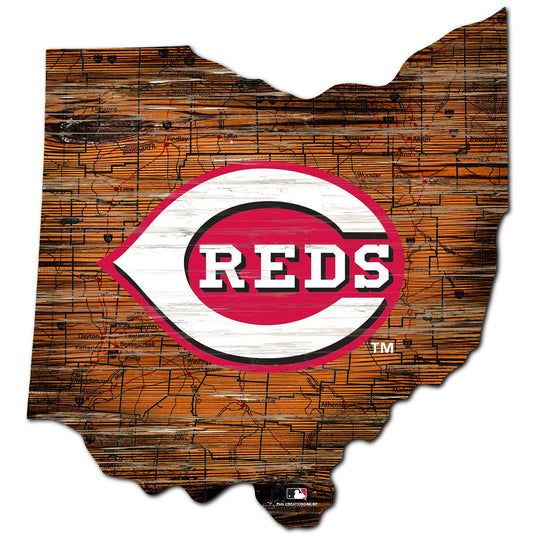 Fan Creations 24" Sign Cincinnati Reds Distressed State With Logo Sign