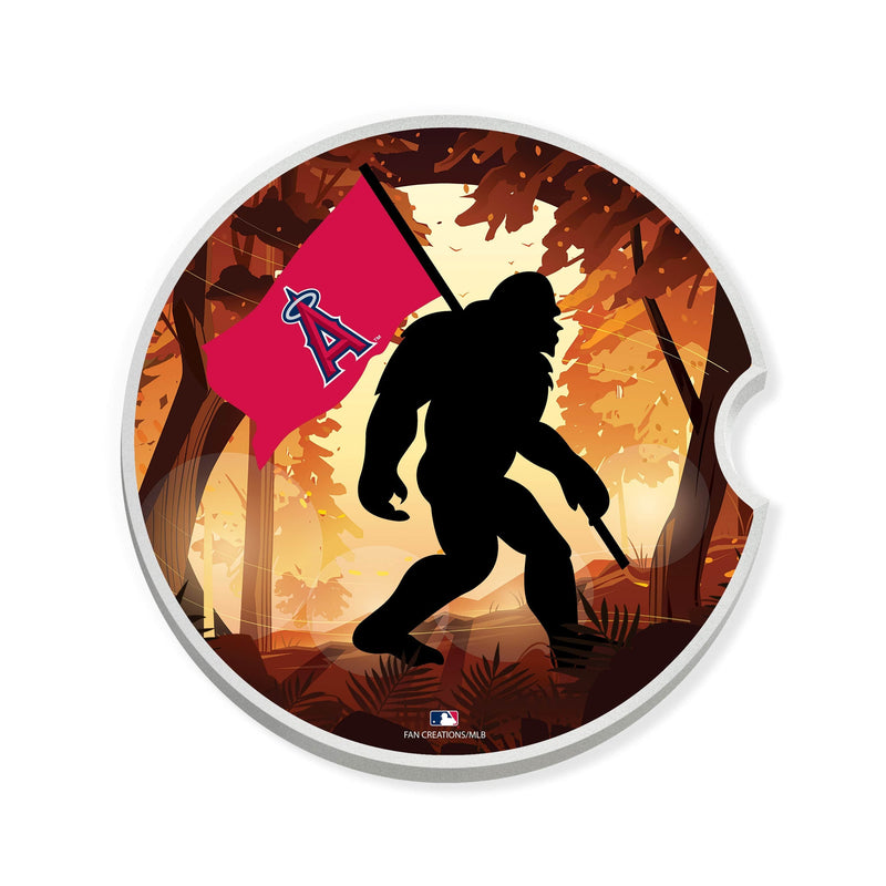 Load image into Gallery viewer, Fan Creations MLB Los Angeles Angels Themed Ceramic Car Coaster - 2.5" Bigfoot Carrying Team Flag Design - 2 Pack

