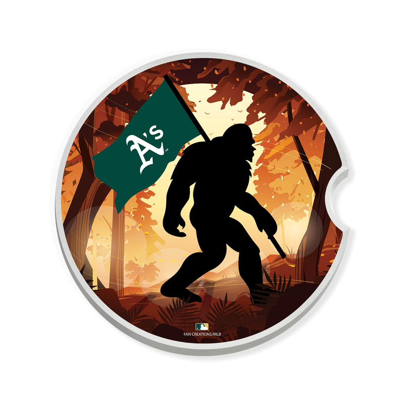 Load image into Gallery viewer, Fan Creations MLB Oakland Athletics Themed Ceramic Car Coaster - 2.5" Bigfoot Carrying Team Flag Design - 2 Pack
