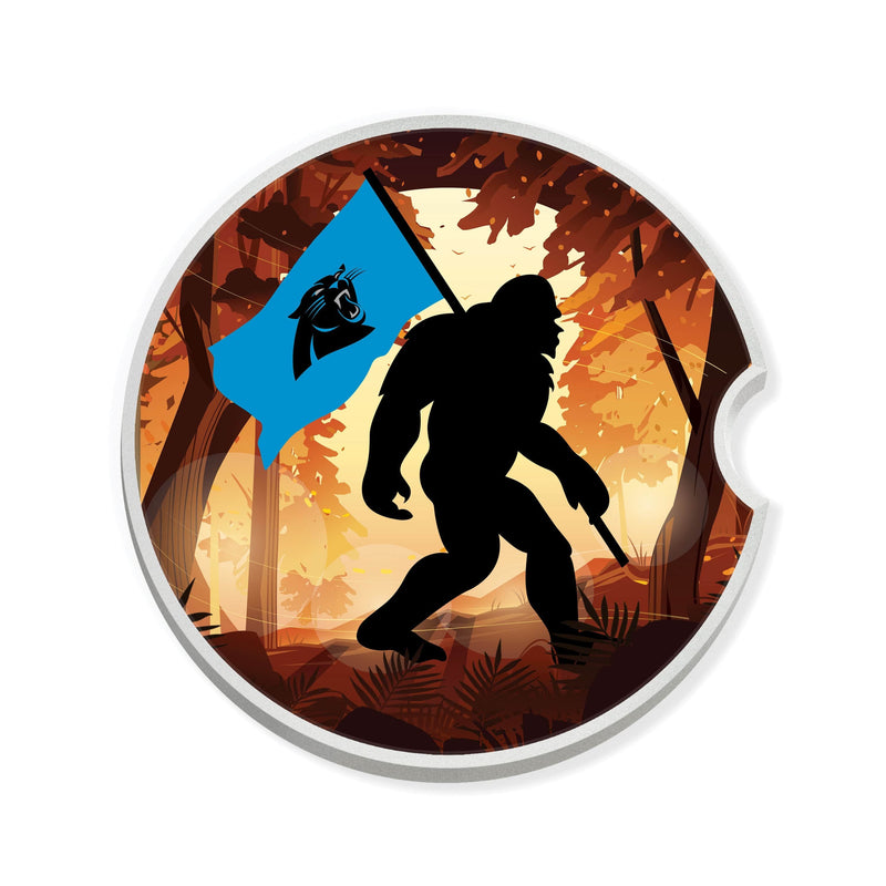 Load image into Gallery viewer, Fan Creations NFL Carolina Panthers Themed Ceramic Car Coaster – 2.5" Bigfoot Carrying Team Flag Design - 2 Pack
