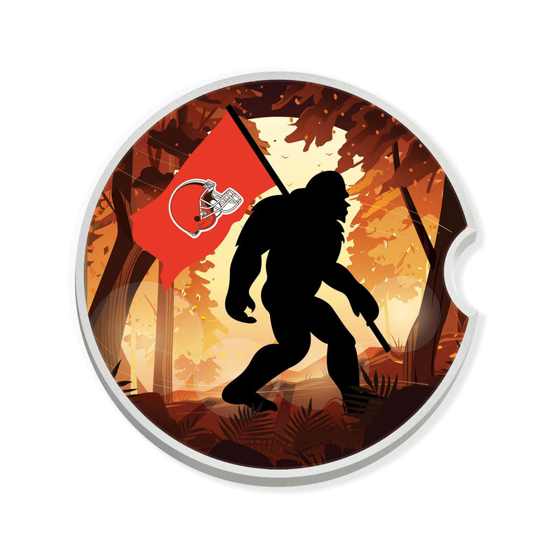Load image into Gallery viewer, Fan Creations NFL Cleveland Browns Themed Ceramic Car Coaster – 2.5" Bigfoot Carrying Team Flag Design - 2 Pack
