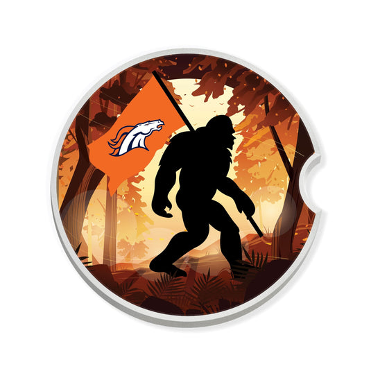 Fan Creations NFL Denver Broncos Themed Ceramic Car Coaster – 2.5" Bigfoot Carrying Team Flag Design - 2 Pack
