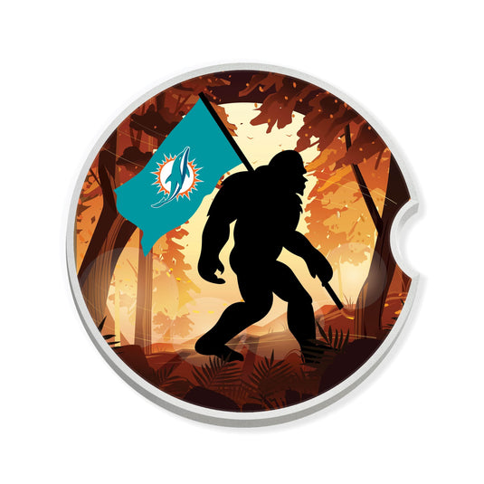 Fan Creations NFL Miami Dolphins Themed Ceramic Car Coaster – 2.5" Bigfoot Carrying Team Flag Design - 2 Pack