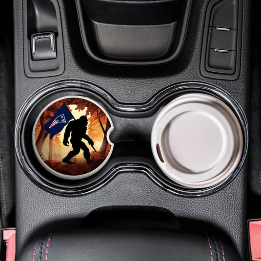 Fan Creations NFL New England Patriots Themed Ceramic Car Coaster – 2.5" Bigfoot Carrying Team Flag Design - 2 Pack