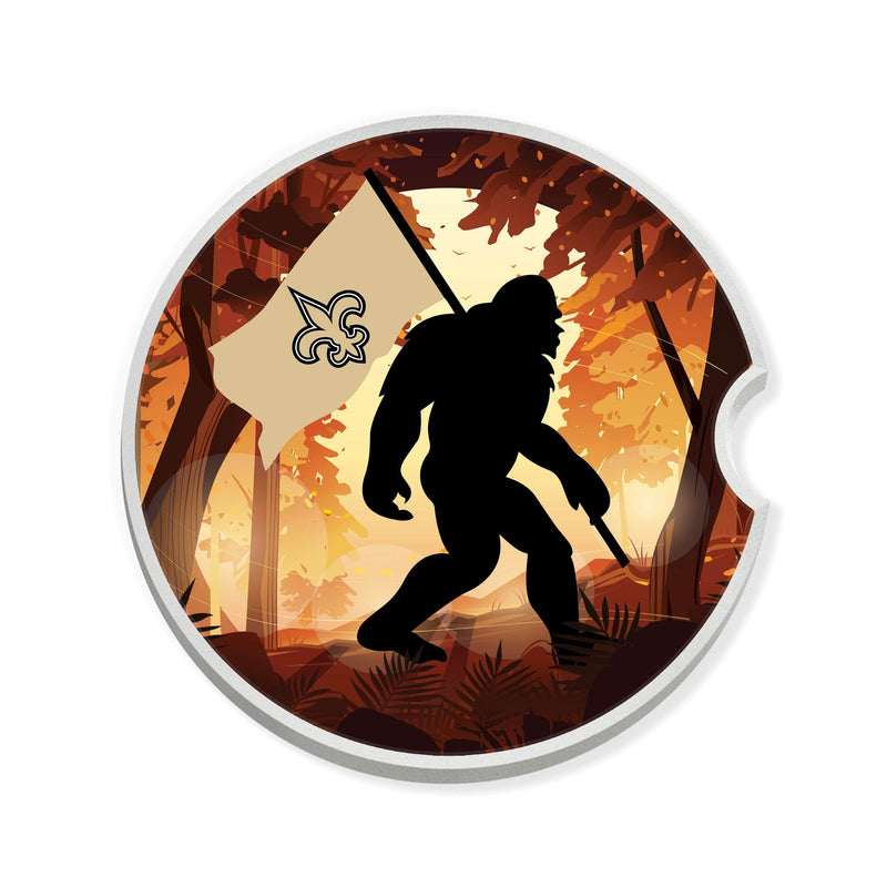 Load image into Gallery viewer, Fan Creations NFL New Orleans Saints Themed Ceramic Car Coaster – 2.5" Bigfoot Carrying Team Flag Design - 2 Pack

