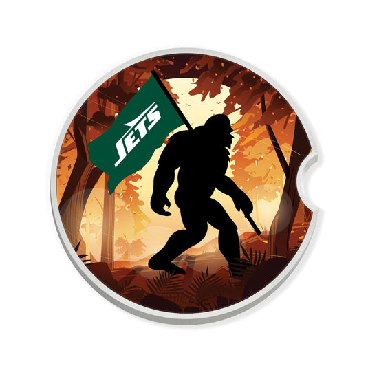 Fan Creations NFL New York Jets Themed Ceramic Car Coaster – 2.5" Bigfoot Carrying Team Flag Design - 2 Pack