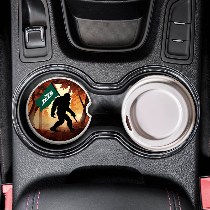 Load image into Gallery viewer, Fan Creations NFL New York Jets Themed Ceramic Car Coaster – 2.5" Bigfoot Carrying Team Flag Design - 2 Pack
