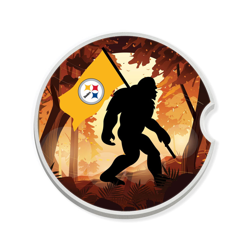 Load image into Gallery viewer, Fan Creations NFL Pittsburgh Steelers Themed Ceramic Car Coaster – 2.5" Bigfoot Carrying Team Flag Design - 2 Pack
