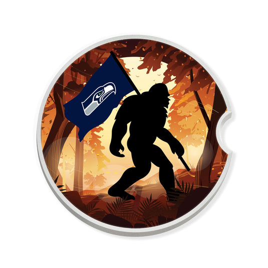 Fan Creations NFL Seattle Seahawks Themed Ceramic Car Coaster – 2.5" Bigfoot Carrying Team Flag Design - 2 Pack