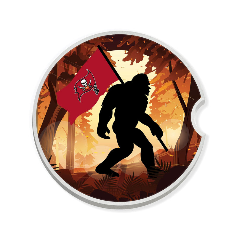 Load image into Gallery viewer, Fan Creations NFL Tampa Bay Buccaneers Themed Ceramic Car Coaster – 2.5" Bigfoot Carrying Team Flag Design - 2 Pack
