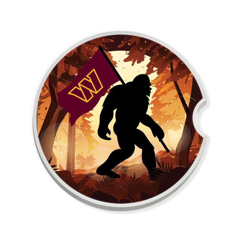 Load image into Gallery viewer, Fan Creations NFL Washington Commanders Themed Ceramic Car Coaster – 2.5" Bigfoot Carrying Team Flag Design - 2 Pack
