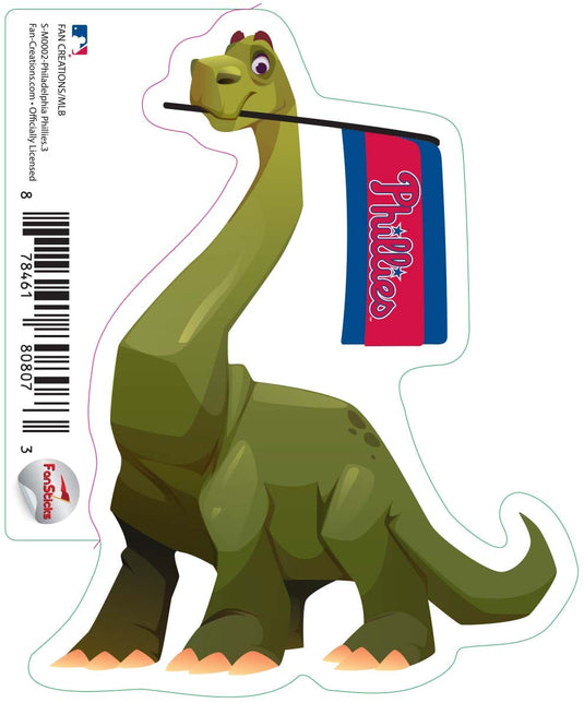 Fan Creations Decal Philadelphia Phillies 3in decal Brachiosaurus Green Dinosaur with Flag