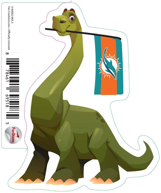 Fan Creations Decal Miami Dolphins 3in Decal Brachiosaurus - Green Dinosaur with Flag