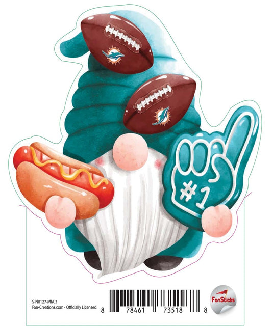 Fan Creations Decal Miami Dolphins 3in Decal Gnome with Hotdog