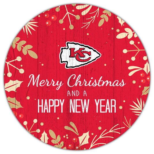 Fan Creations Holiday Home Decor Kansas City Chiefs Merry Christmas & Happy New Years 12in Circle