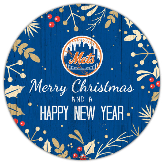 Fan Creations Holiday Home Decor New York Mets Merry Christmas & Happy New Years 12in Circle